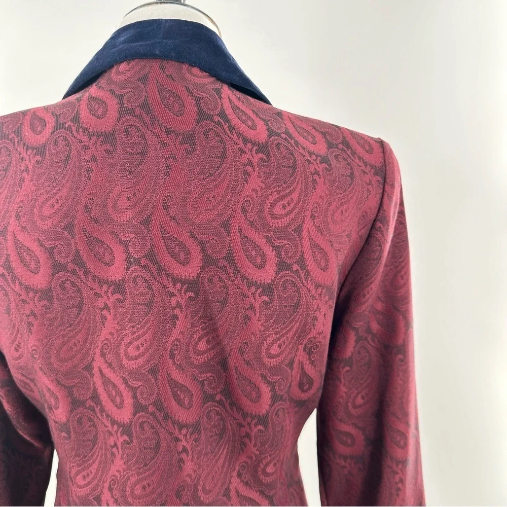 Jessica Howard blazer size 4 burgundy navy velvet paisley double breasted 90s